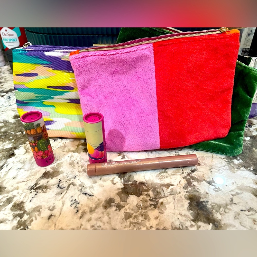 Makeup bundle- three makeup bags, color pop eyeshadow unused- swatched lipsticks